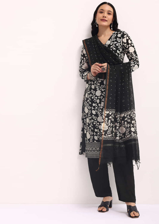 Black Floral Printed Chanderi Kurta Set With Bandhani Dupatta