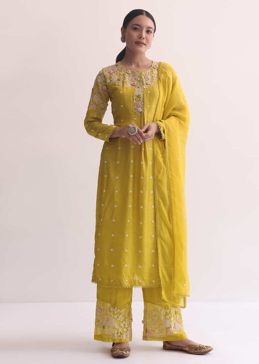 Yellow Silk Kurta Pant Set With 3D Florals And Sequins